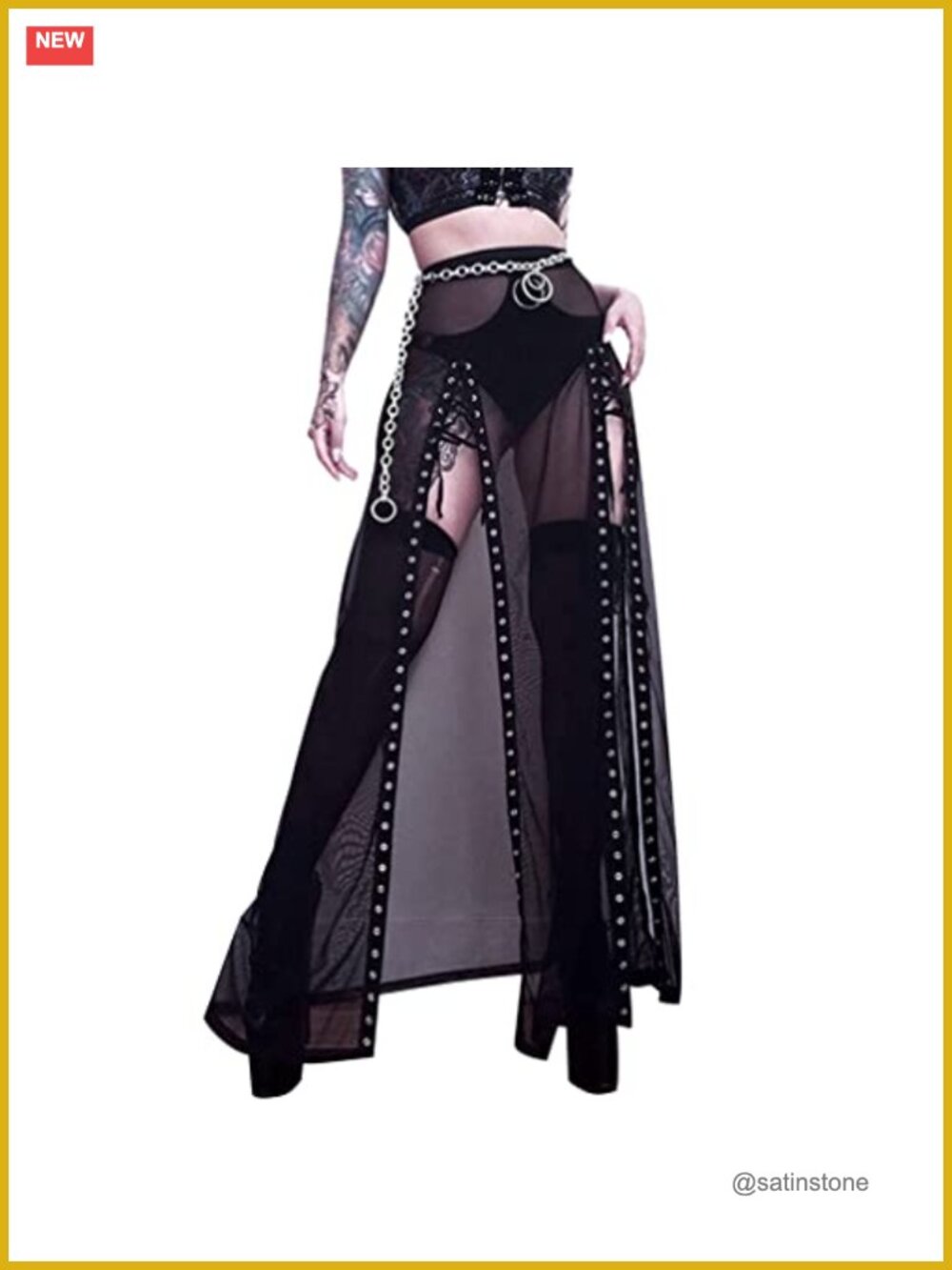 Goth Double Slit Maxi Skirt Sheer Mesh Punk Long Split Skirt